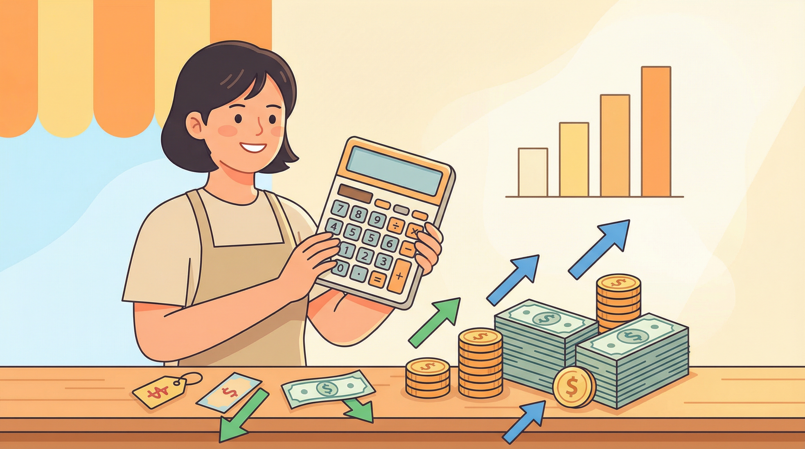 사업주가 계산기로 고용지원금 절감 효과를 확인하는 일러스트